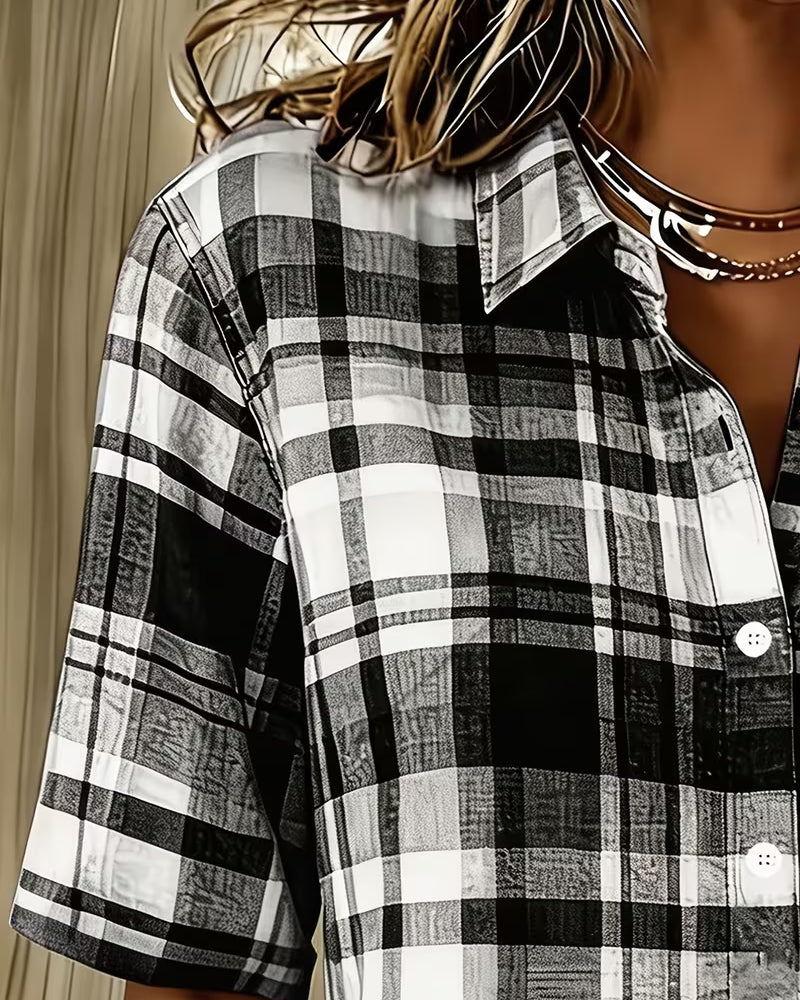 Lapel Checkered Short Sleeve Casual Shirt