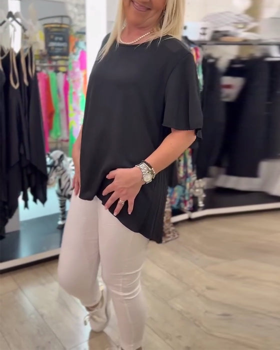 Round Neck Solid Color Blouse