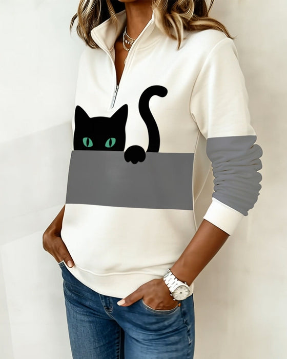 Half-Zip Cat Print Sweatshirt
