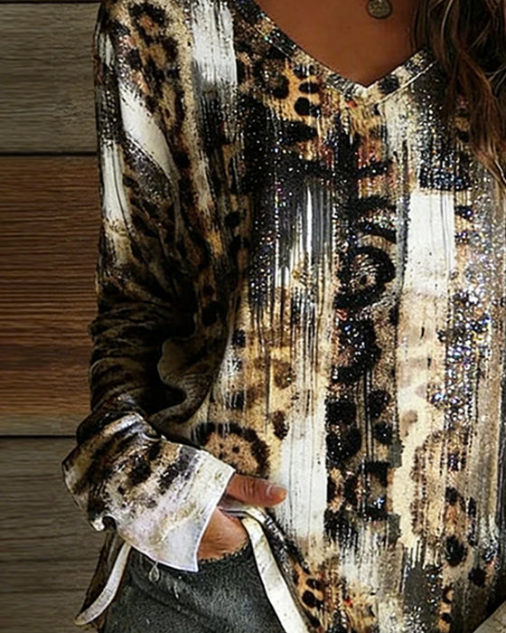 V-Neck Leopard Print Gradient Long Sleeve T-Shirt