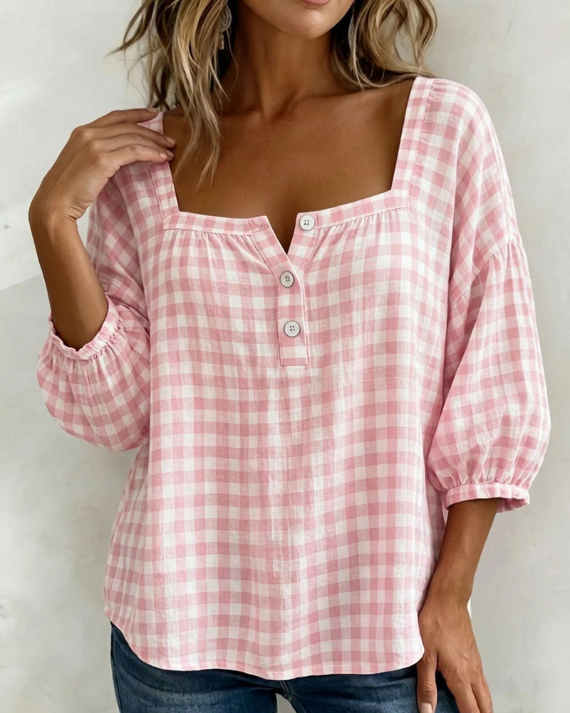 Square Neck Button-Up Plaid Blouse