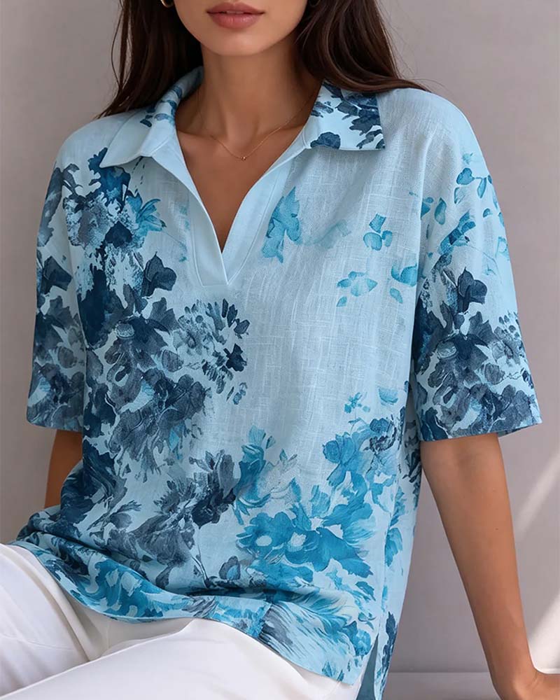 Ink Wash Floral Lapel Half Placket Blouse