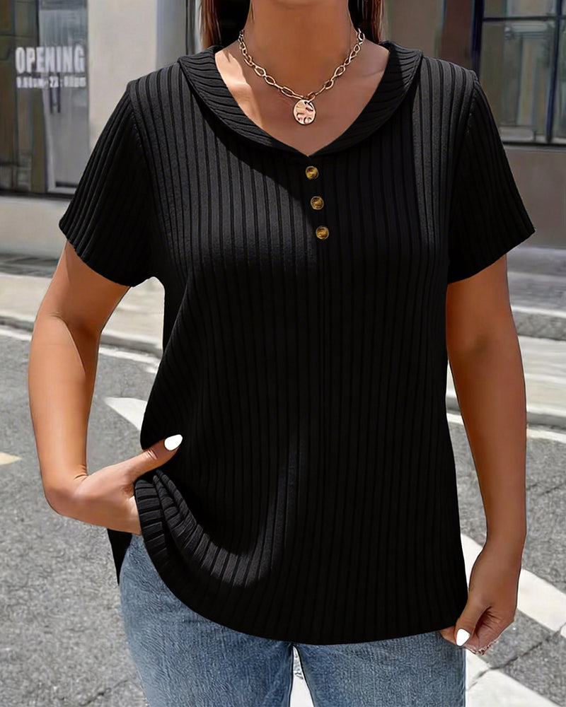 Ribbed V-Neck Mini Lapel Short Sleeve T-Shirt