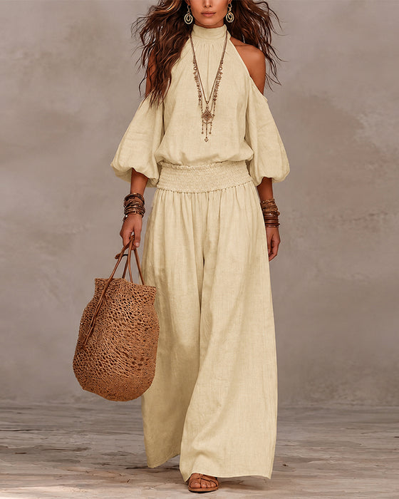 Off-Shoulder Long Sleeve Shirred Pants Set