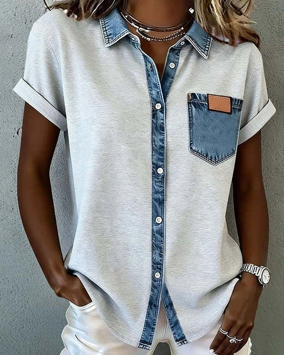 Denim Patchwork Turn-Down Collar T-Shirt