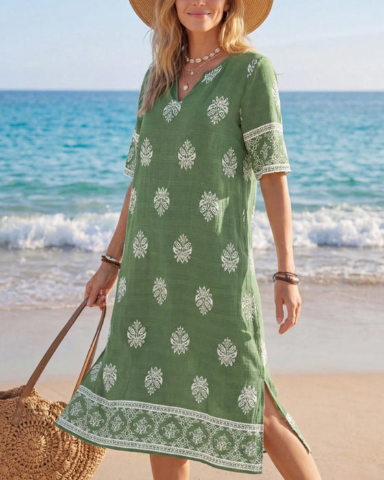 Ethnic Petite V-Neck Slit Dress