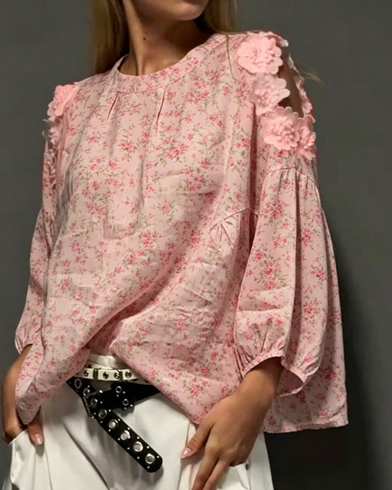 Round Neck Off-Shoulder Floral Loose Blouse