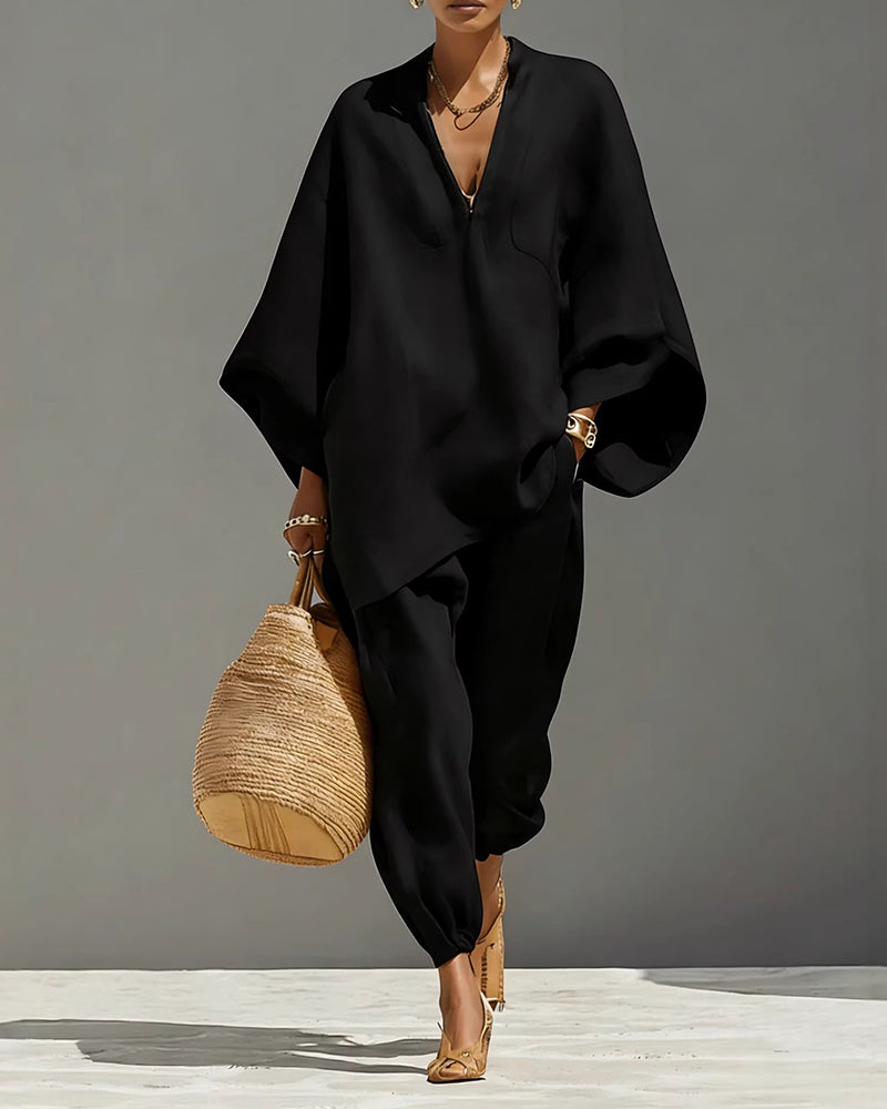 V-Neck Relaxed Sleeve Casual Set