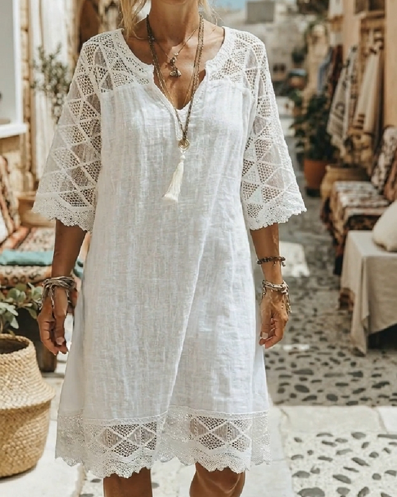 V-Neck Lace Patchwork Casual Dress