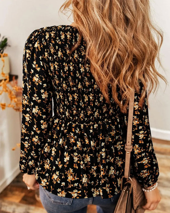 Floral Shirred Long Sleeve Blouse