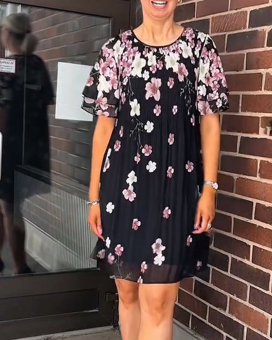 Ruffle Short Sleeve Floral Pleated Dress
