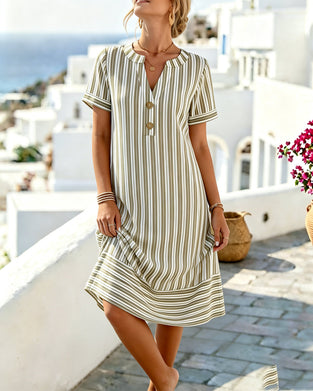 Short-Sleeved V-Neck Striped Dress