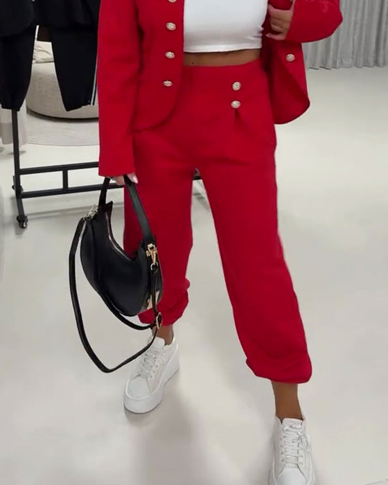 Solid Color High Waist Casual Button Pants