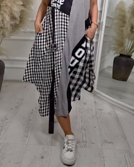 Irregular Sleeveless Plaid Color-Block Dress