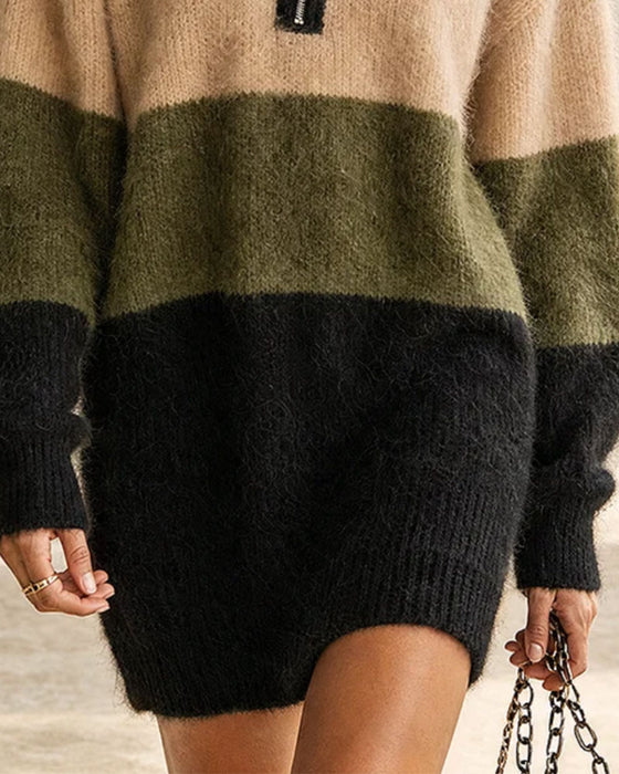 Color Block Half Zip Turtleneck Long Sweater Dress