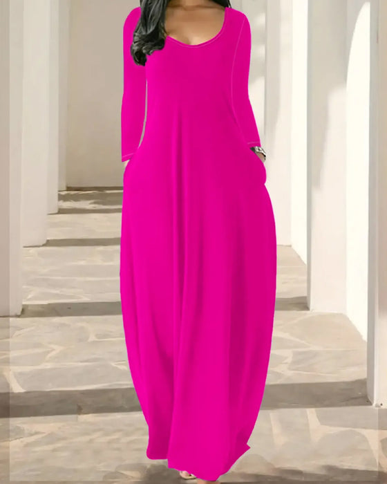 Crew-Neck Pocket Full-Skirt Long-Sleeve Dress