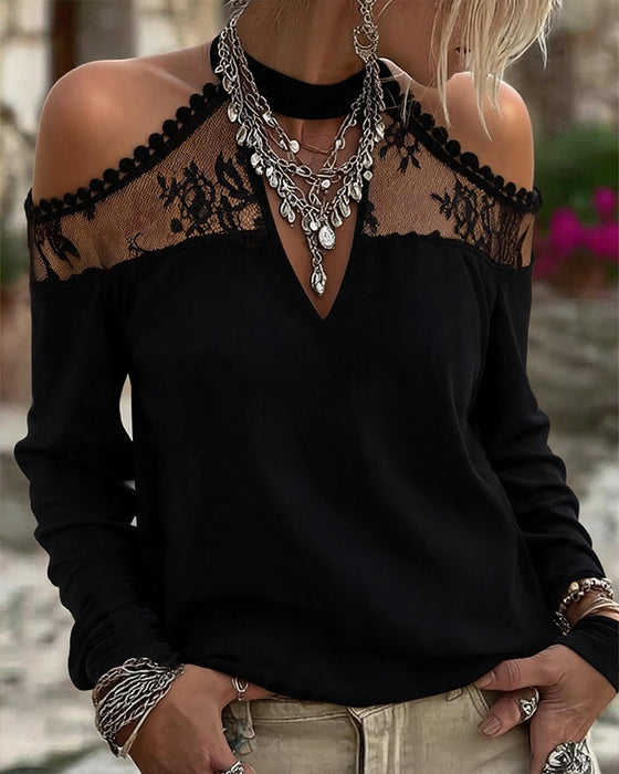 V-Neck Lace Patchwork Off-Shoulder T-Shirt