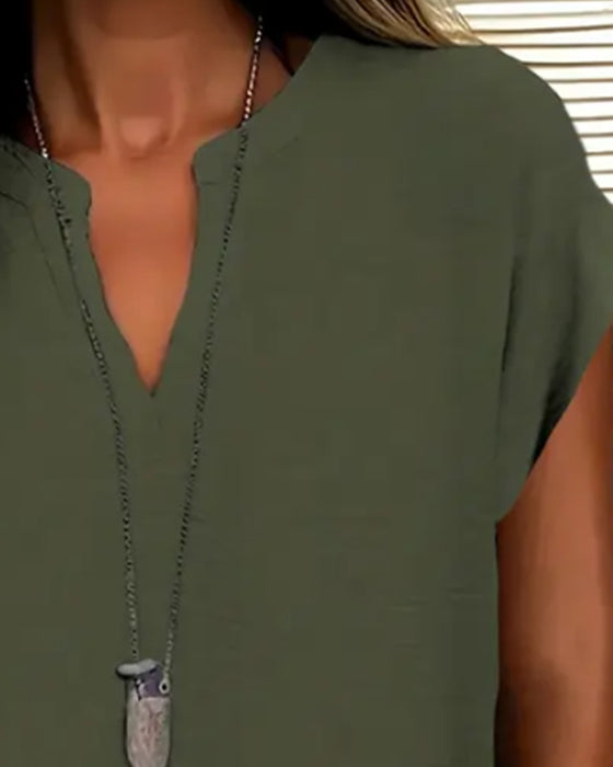Casual Drop Shoulder V-Neck Short Sleeve Blouse