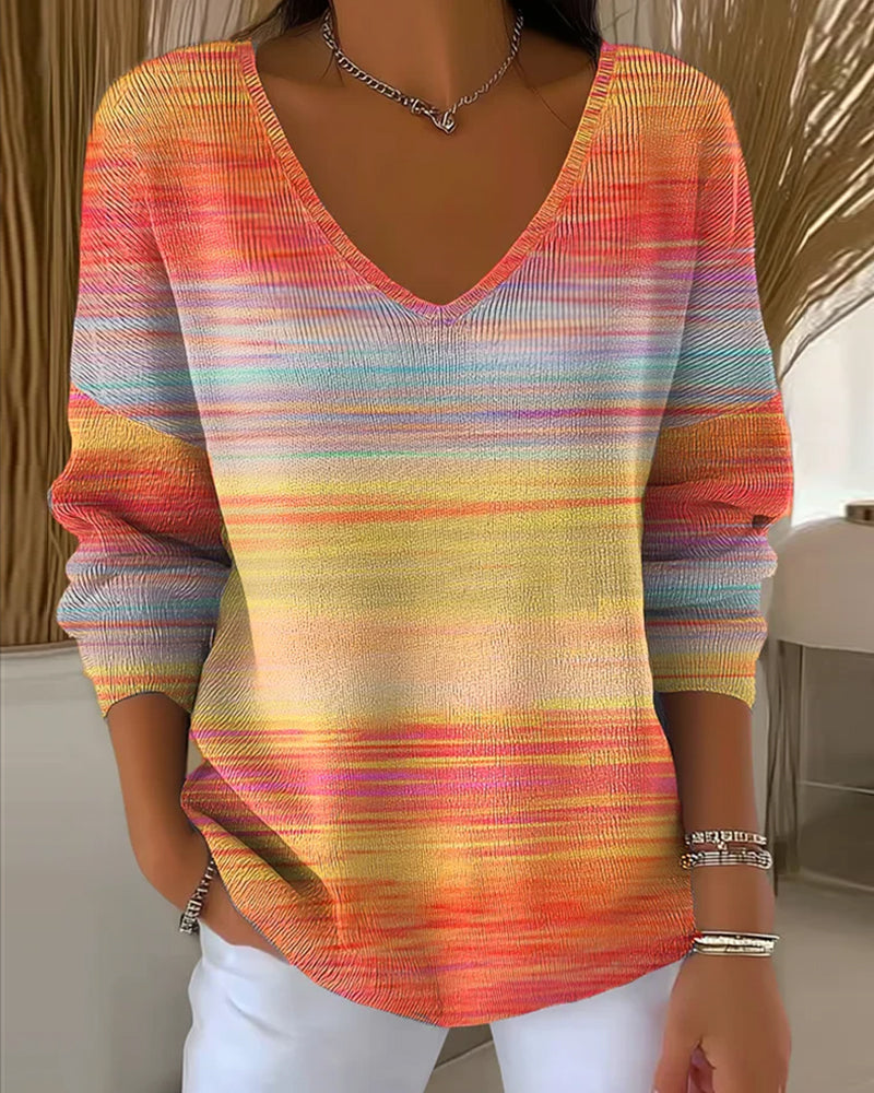 V-Neck Rainbow Stripe Sweater