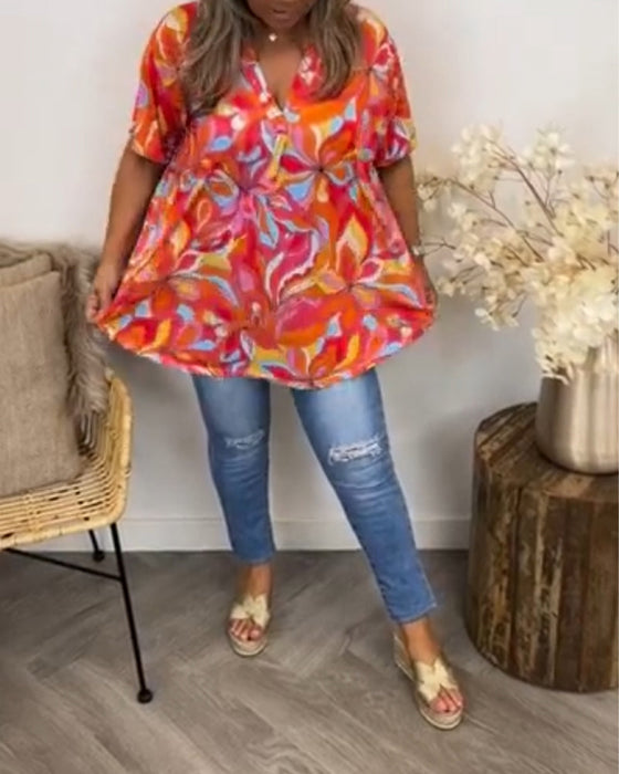 V-neck colorful short-sleeved T-shirt