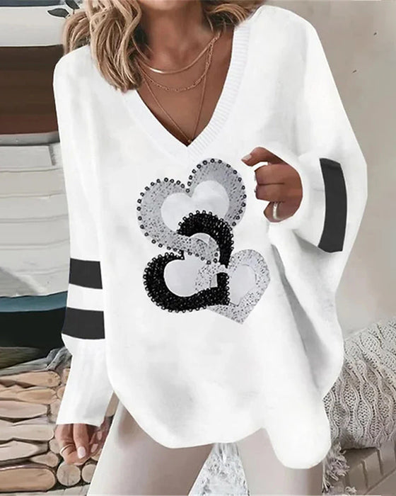 Heart print casual long sleeve top