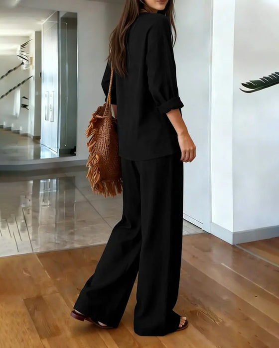V-Neck Draped High Waist Wide Leg Set