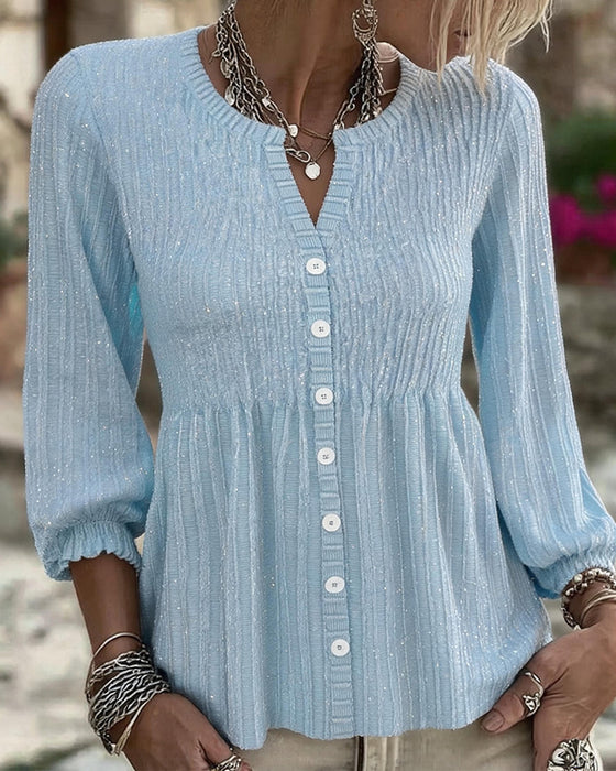 Elegant Three-Quarter Sleeve Button-Up Blouse