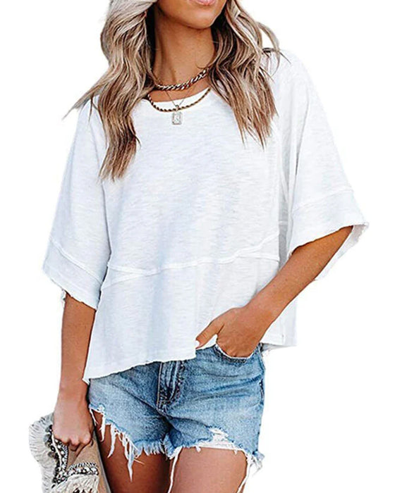 Non-Slit Patched Solid Color Bell Sleeve T-Shirt