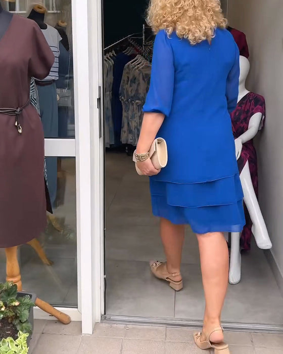 Half-Sleeve Crewneck Double-Layer Tiered Dress
