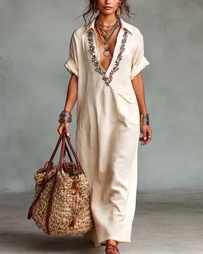 Deep V-Neck Print Casual Maxi Dress