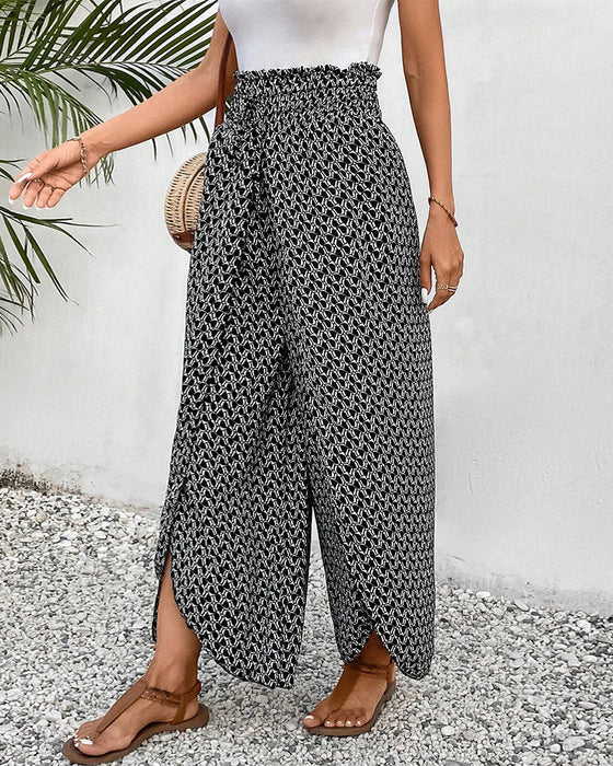 Elastic printed slit wide-leg pants