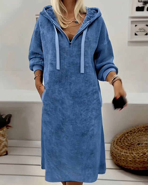 Fleece Waffle-Knit Casual Sweatshirt Dress