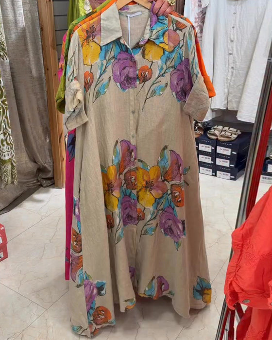 Watercolor Big Floral Print Lapel Long Dress