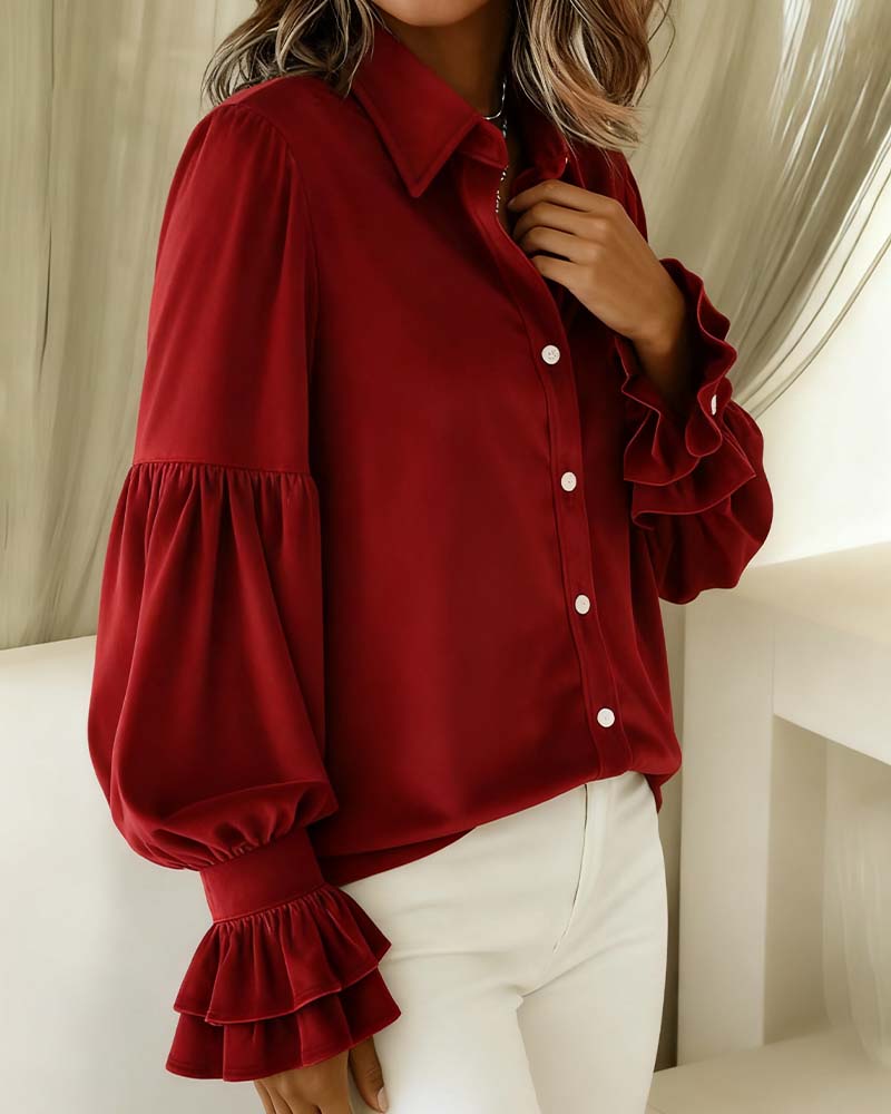 Solid Color Lapel Flared Sleeve Shirt