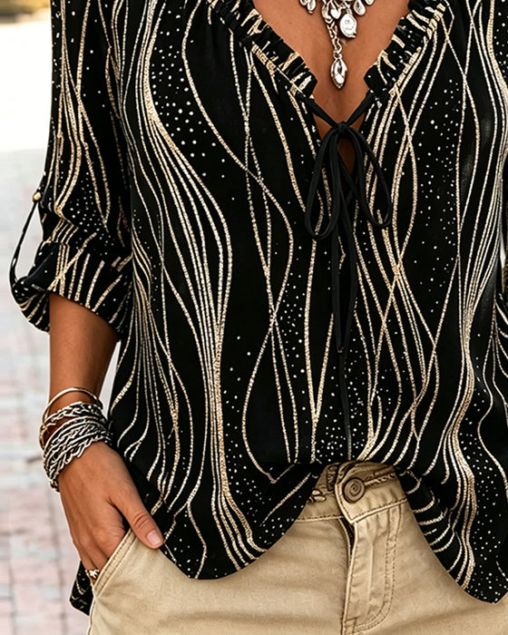 Wave Ruffle Trim V-Neck Tie Blouse