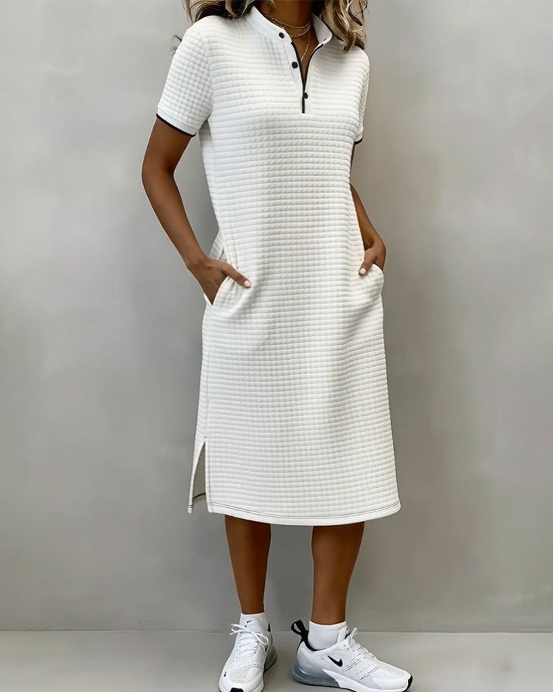 Plaid Stand Collar Short Sleeve Dress