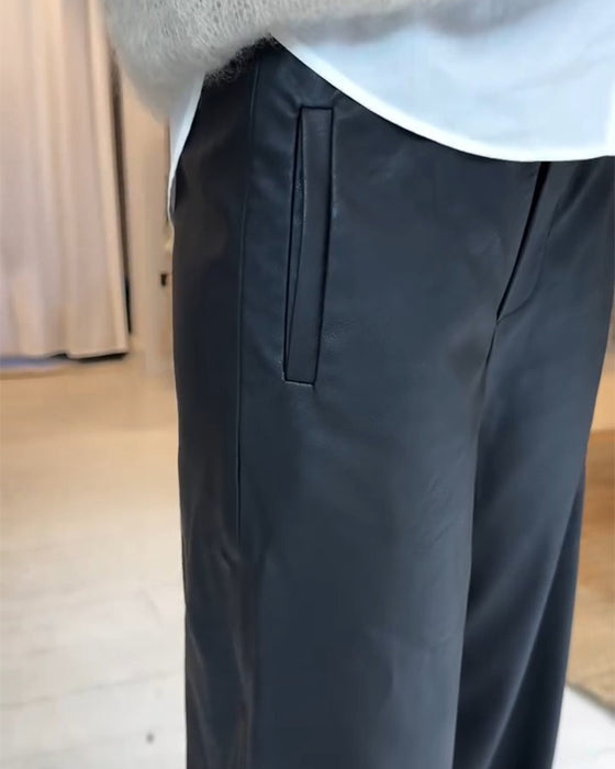 Drapey Wide-Leg Casual Leather Pants