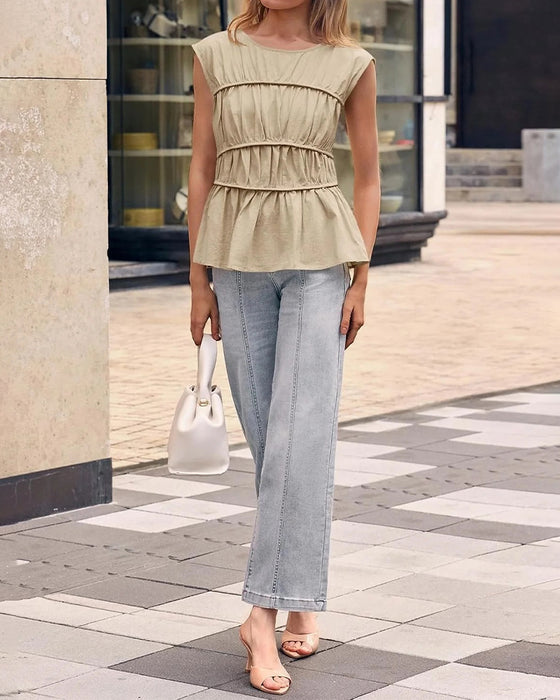Crew Neck Smocked Waist Blouse