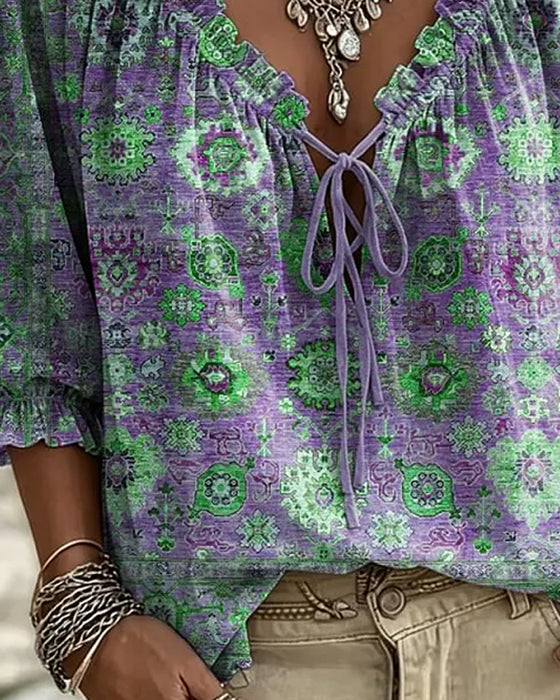 V-Neck Tie Vintage Print Blouse