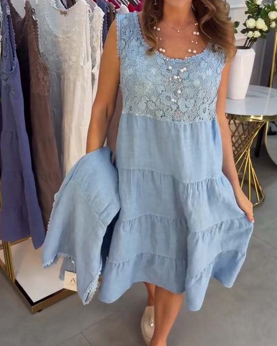 Crew Neck Sleeveless Lace Tiered Dress