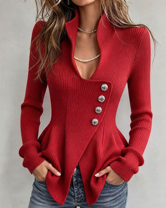 Stand Collar Asymmetrical Button Irregular Waist Pullover