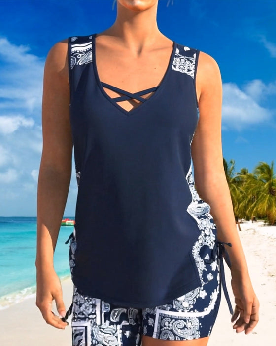 Vacation Print Cross Straps Tankini