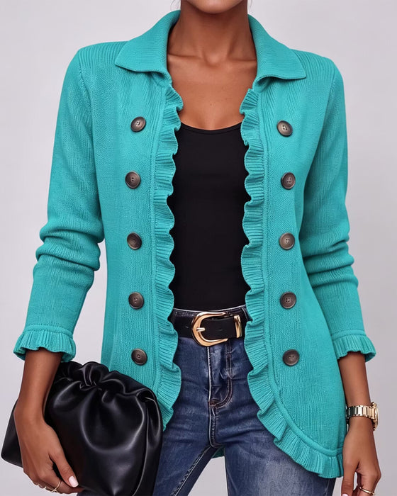 Lapel Ruffle Button Cardigan