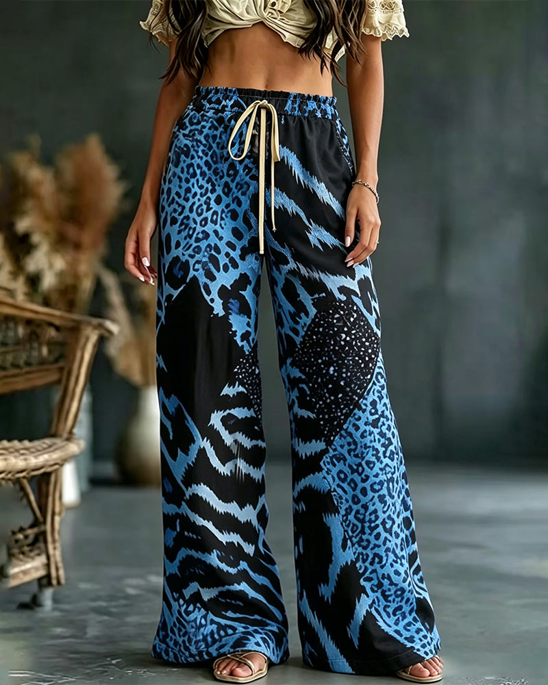 Leopard Print Patchwork Wide Leg Casual Pants