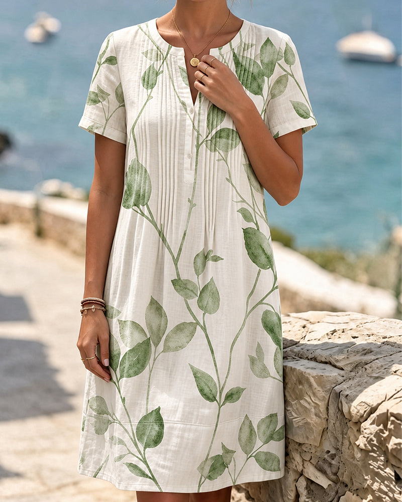 Ruched Leaf Print Short Sleeve Mini Dress