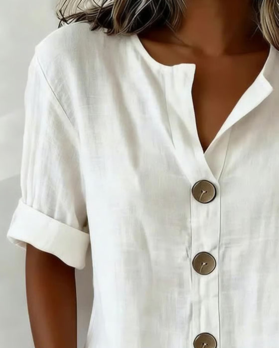 Large Button Loose Short Sleeve Blouse