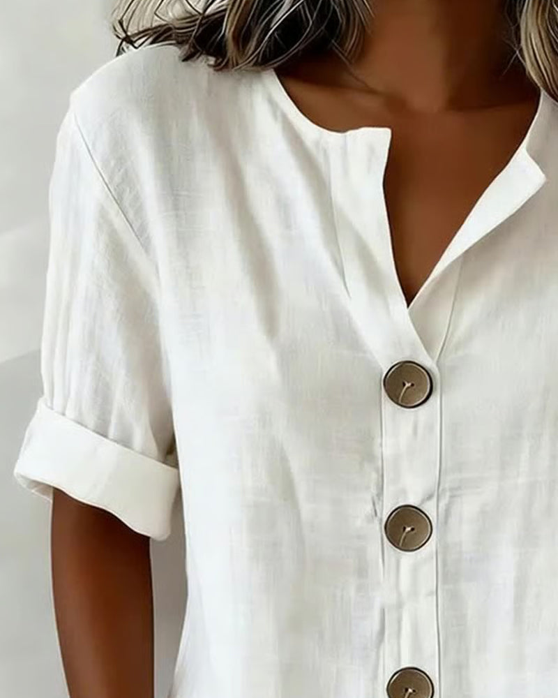 Large Button Loose Short Sleeve Blouse