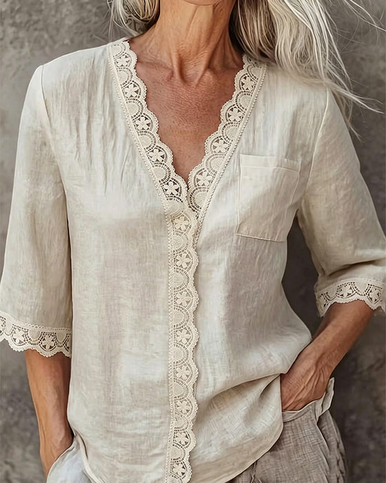 V-Neck Lace Patchwork 3/4 Sleeve Blouse