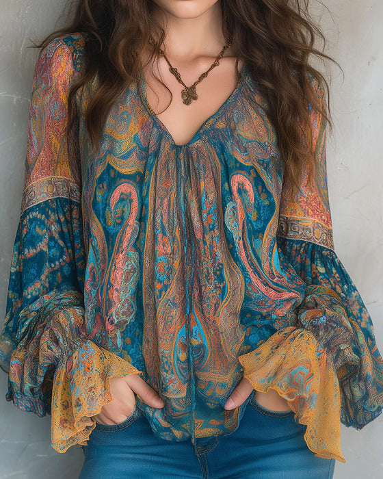 Bohemian Style Flared Sleeve V-Neck Blouse