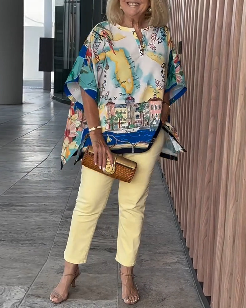 Batwing Sleeve Print Blouse